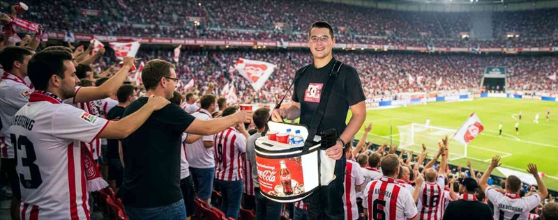 Sampling mit rocketpacks getränke bauchladen﻿ beim Sommerfest München, verbunden mit aktivem Straßenverkaufserlebnis und Produktpräsentation.