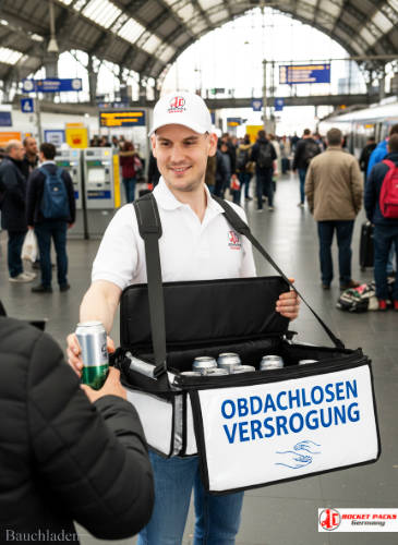 Sampling mit rocketpacks﻿ Bauchladen bei Cocktailabend Stuttgart, umgesetzt als Teil eines modernen POS Trends mit Verkaufsförderung und Kundenaktivierung.