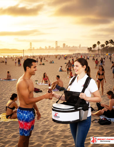 Sampling mit rocketpacks﻿ Bauchladen und Ausgabeautomat beim Open Air Konzert Berlin, verbunden mit aktiviertem Drink to Buy Erlebnis und Kundenbindung.