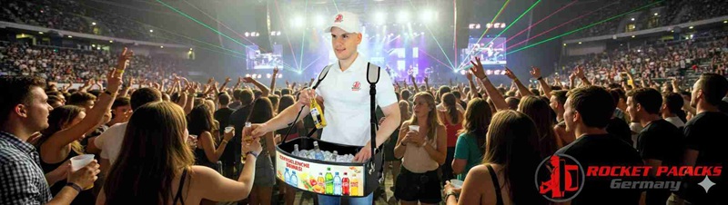 Mobiles Getränkesampling mit rocketpacks﻿ Bauchladen beim Karneval Köln, optimal für Outdoor und Street Food Märkte.