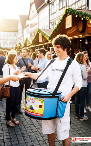 Sampling mit rocketpacks﻿ Bauchladen in Klagenfurt, verbunden mit professioneller Inhaltspflege und einer effektiven Präsentation zur Verkaufsförderung auf dem Sommerfest.