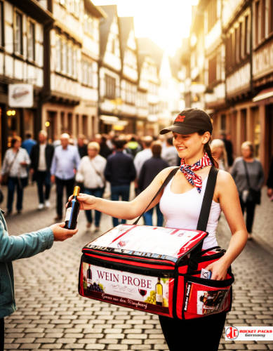 Sampling mit rocketpacks﻿ Bauchladen auf der ESC Party in Salzburg, mit innovativem Konzept für Drink to Buy und Kundenbindung.