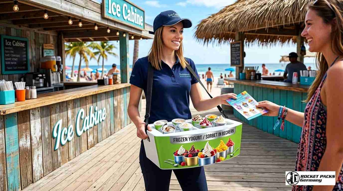 Leichter Sampling-Bauchladen für Speiseeis-Promotion; innovative Produktpräsentation für internationale Markenevents und Roadshows.