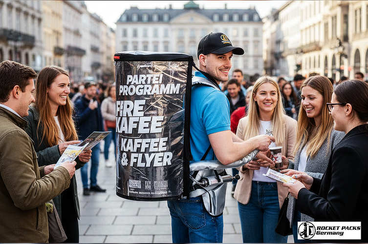 Robustes Bauchladen Tragesystem für den Outdoorbereich. Wir testen das Material bei Wind und Wetter. Werbebotschaft direkt auf Augenhöhe platzieren und den Sales Uplift live miterleben.