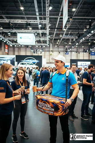 Ergonomisches Tragesystem für Promotion-Aktionen. Ideal, um Produktproben direkt in der Einkaufszone an Passanten zu verteilen.