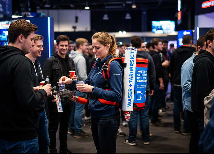 Nahaufnahme der Halterung, mit der Werbebanner in Sekunden getauscht werden können, falls die Promotion-Aktion wechselt.