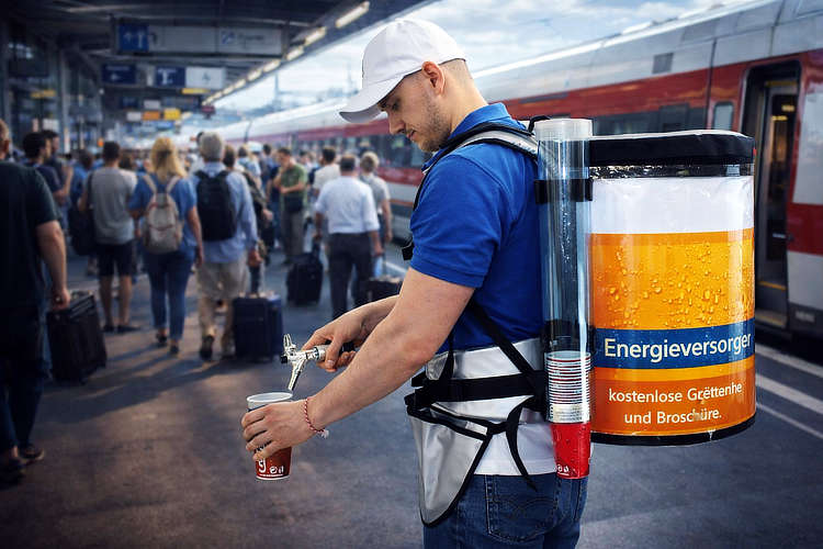 Zusätzlicher Gurt, der das Schwingen des Ladens verhindert, wenn der Promoter schnell auf Menschen zugehen muss.