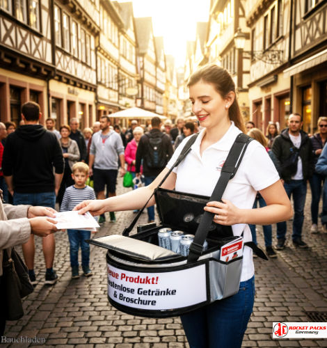 Sampling mit Rocketpacks speiseeis Bauchladen﻿ auf dem Marktplatz Bremen, unterstützt durch Spectrum von Marketing-Strategien﻿ und attraktiver Kundenansprache.