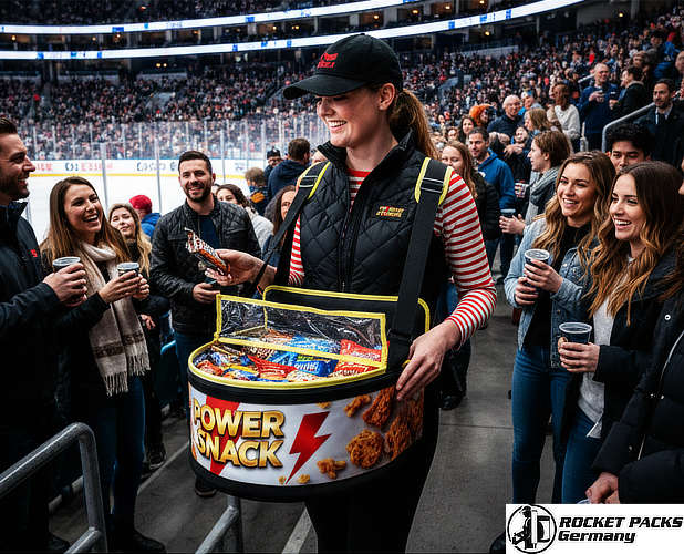 Klassischer Bauchladen aus Holz mit breiten Schultergurten für eine gleichmäßige Gewichtsverteilung bei langen Einsätzen.
