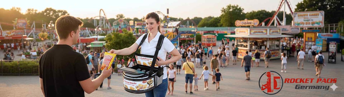 Snackservice mit Bauchladen für Würstchen im Stadion unter Fans