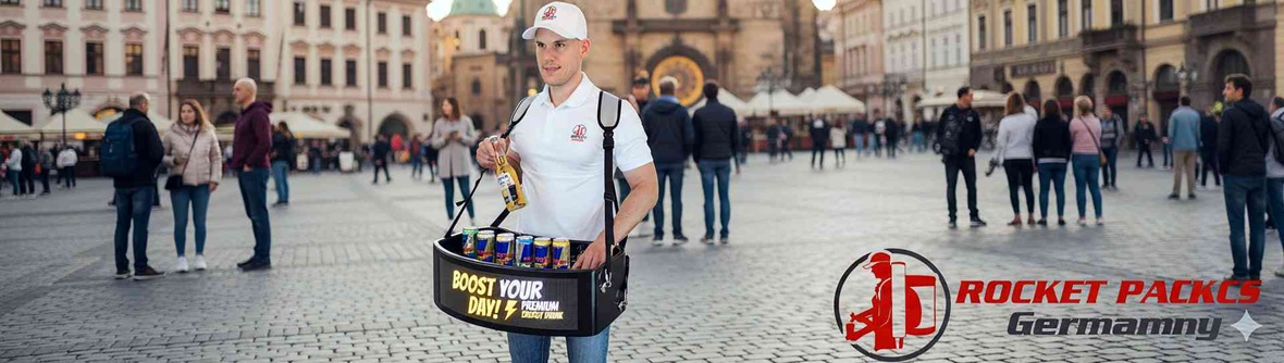 Verkäufer mit Bauchladen Catering zwischen Fans im Fußballstadion