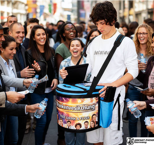 Verkauf von Take-Away Speisen in hoher Taktung. Das XXL-Format erlaubt ein breites Sortiment, ohne die Bauchladen Mobilität des Verkäufers einzuschränken.