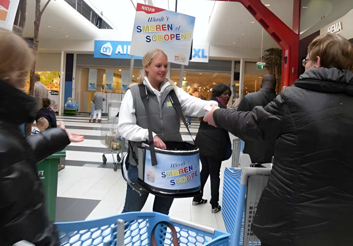 Rocketpacks Bauchladen in Supermarkt, Deit Kaufimpulse.