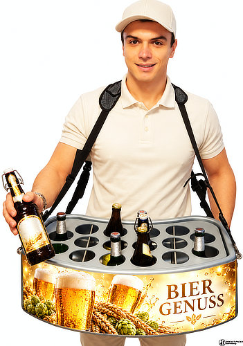 Promoter mit Kunststoff-Bauchladen, Flaschenhalterungen und Bierflaschen für den mobilen Getränkeverkauf bei Veranstaltungen