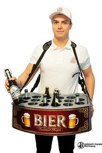 Großer Vendor Bauchladen mit erweiterter Grundfläche für den Verkauf von umfangreichen Warensortimenten.