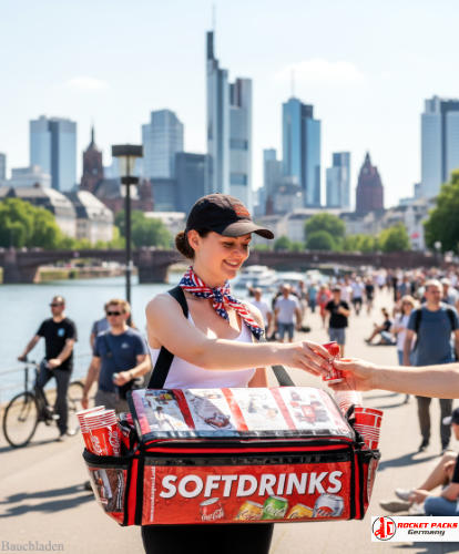 Sampling mit Verkaufsincentives und Direktverkauf an einem rocketpacks﻿ Bauchladen bei Pride Parade München, unterstützt durch interaktive Shopper Erlebnisse und Markenauftritt.