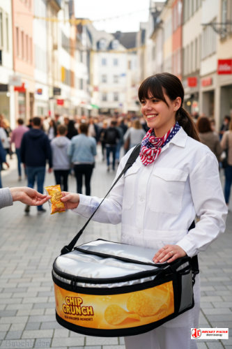Sampling Bauchladen mit Verkaufsincentives auf dem Kochfest in München, kombiniert mit Direktverkaufsaktionen und Kundenaktivierung.